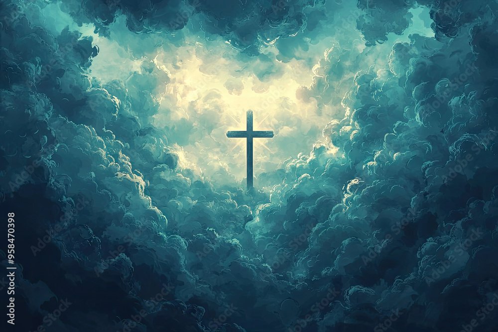 A solitary cross stands tall, bathed in ethereal light, piercing through a vast sea of swirling clouds. A solitary cross stands tall, bathed in ethereal light, piercing through a vast sea of swirling clouds.