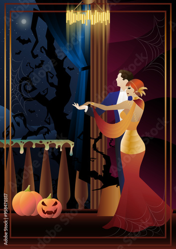 Retro Halloween party flyer. Retro couple of dancers, man and woman, characters in 30s-40s style. Day of the Dead concept