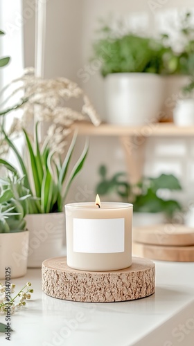 A serene indoor setting featuring a lit candle on a wooden stand, surrounded by lush green plants and a cozy atmosphere.