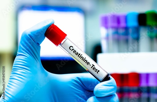 Blood sample tube for creatinine test analysis. photo