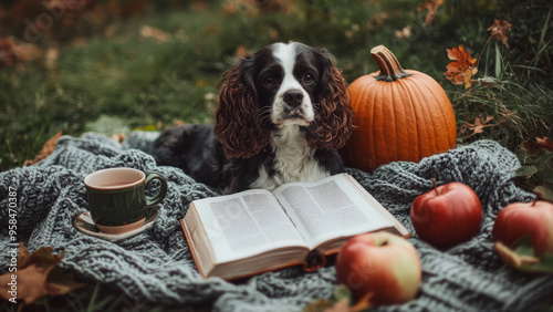 Adorable dog reading a book surrounded by autumn leaves and pumpkins