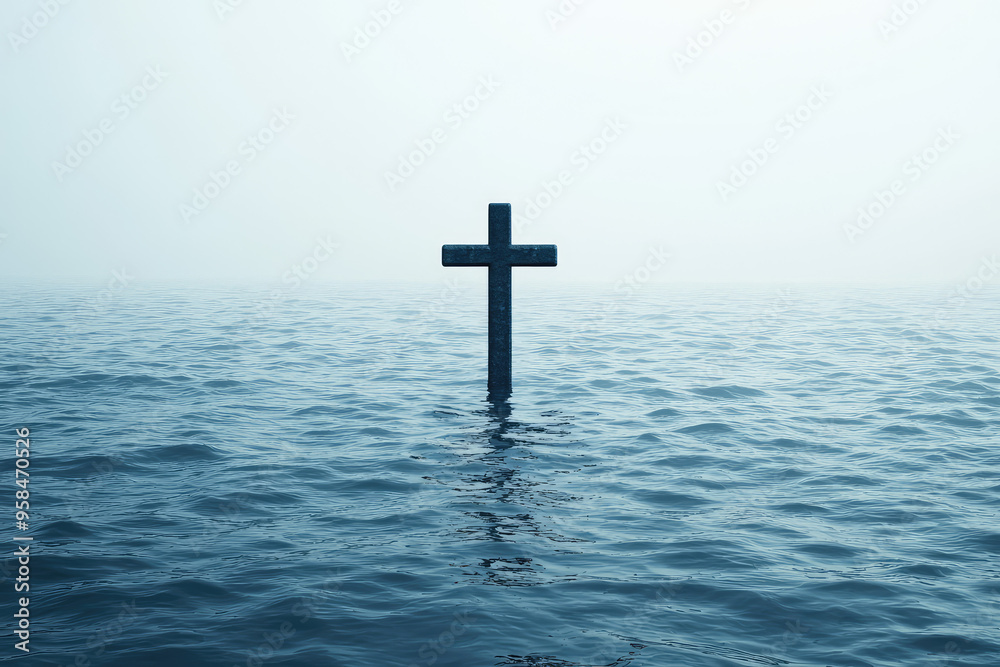 A lone cross stands tall in the vast expanse of the sea, shrouded in mist, a silent testament to faith and hope. A lone cross stands tall in the vast expanse of the sea, shrouded in mist, a silent testament to faith and hope.