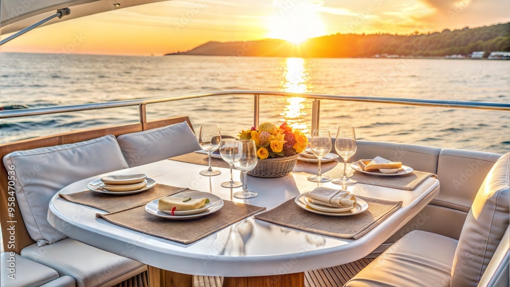 Fototapeta premium romantic dinner on motor yacht at sunset table