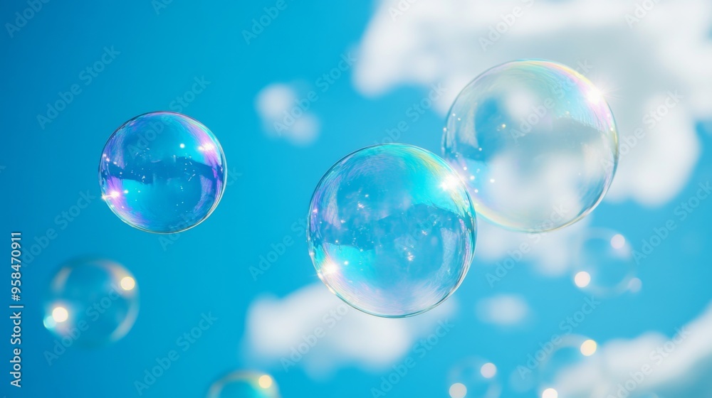 Soap Bubbles Floating Gracefully Against a Bright Blue Sky with Fluffy Clouds Soap Bubbles Floating Gracefully Against a Bright Blue Sky with Fluffy Clouds