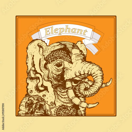 Fantasy image of an elephant with the inscription on top. Sketch. Icon, symbol, sign, label, card. Vector illustration