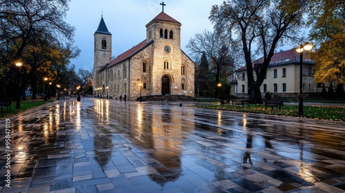 A stone church with illuminated windows and street lamps reflecting off a wet cobblestone path in an evening setting - AI Generated Digital Art.