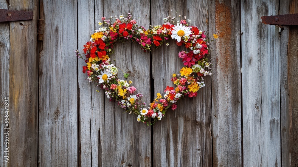 A heart-shaped wreath made of flowers hanging on a rustic door A heart-shaped wreath made of flowers hanging on a rustic door
