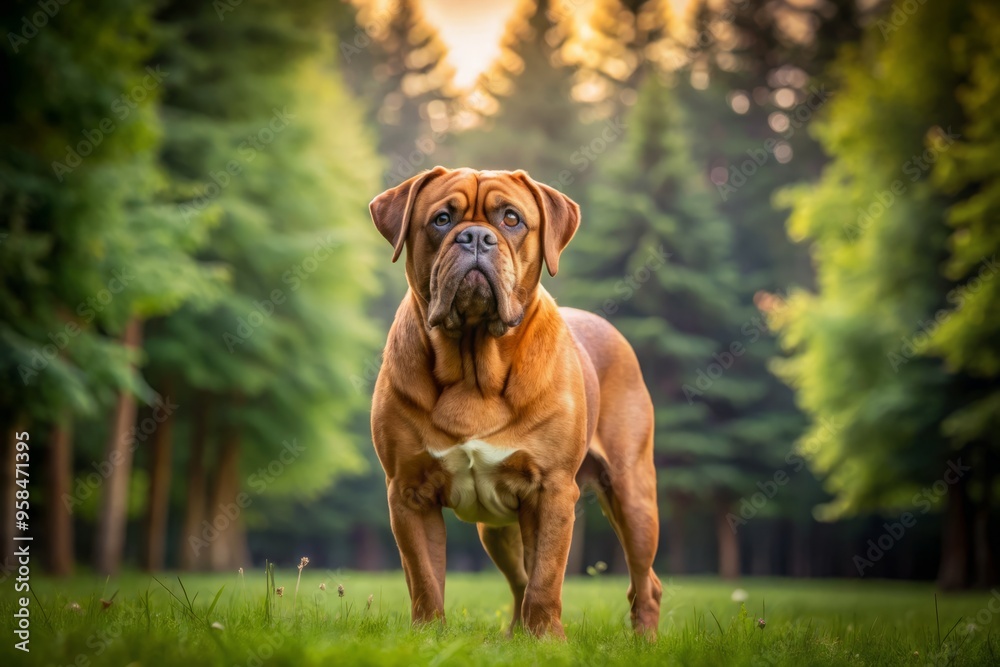 A large, gentle brown and white French Mastiff dog commands attention in a sun-drenched field, with a picturesque A large, gentle brown and white French Mastiff dog commands attention in a sun-drenched field, with a picturesque