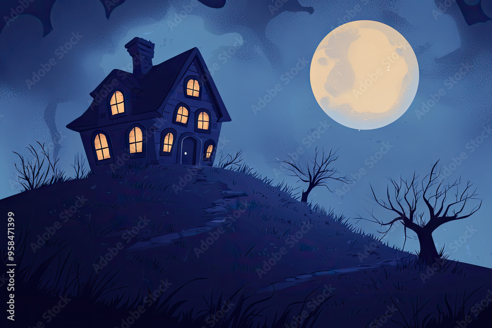 Fototapeta premium A solitary house perched atop a hill, bathed in the eerie glow of a full moon, whispers of mystery and forgotten secrets.