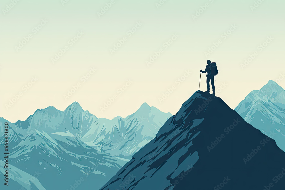 A Lone Hiker Stands Triumphant on a Mountain Peak, Surrounded by Majestic Peaks and a Serene Sky. A Lone Hiker Stands Triumphant on a Mountain Peak, Surrounded by Majestic Peaks and a Serene Sky.
