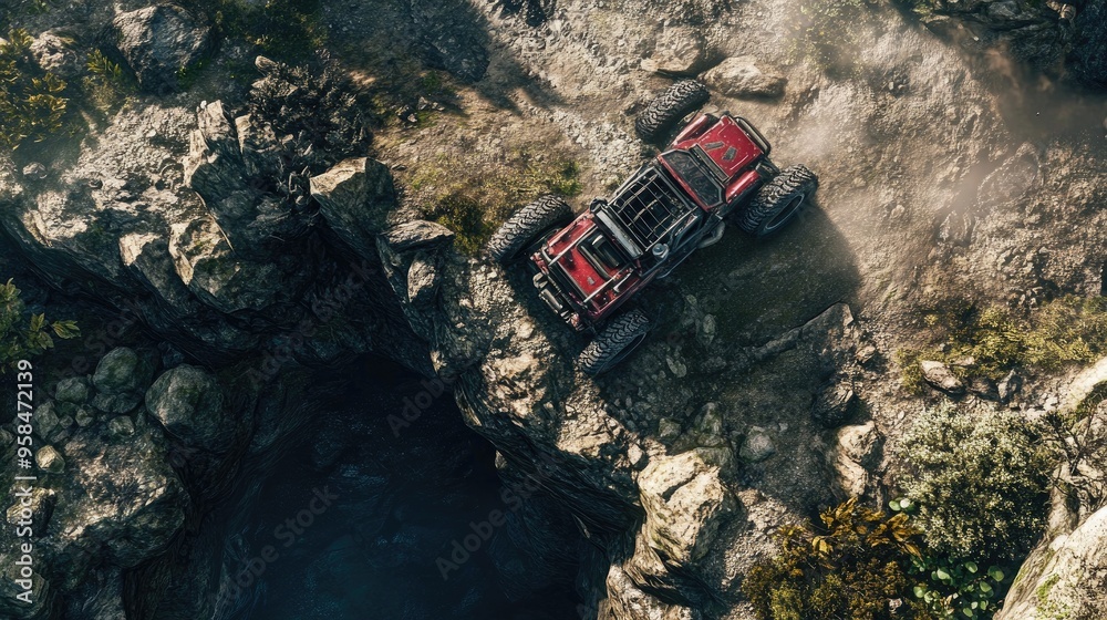 Red off-road vehicle on a rocky cliff overlooking a dark abyss. Red off-road vehicle on a rocky cliff overlooking a dark abyss.