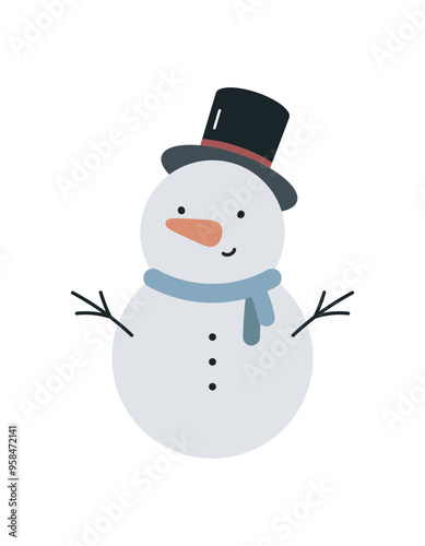 Cute snowman in a hat. Isolated on white background. Winter print. Childish Christmas design. For card, posters, stickers, banners, printing on the pack, printing on clothes, fabric, wallpaper.