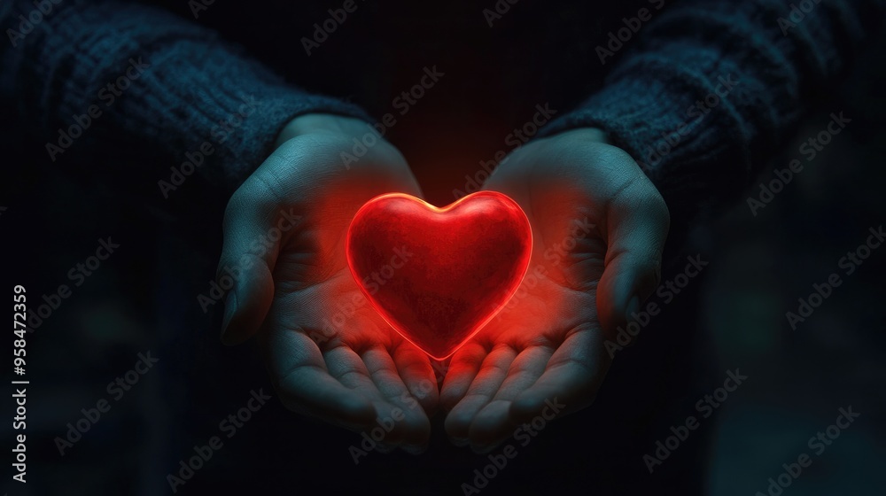 A person holding a glowing red heart in their hands in a dark room A person holding a glowing red heart in their hands in a dark room