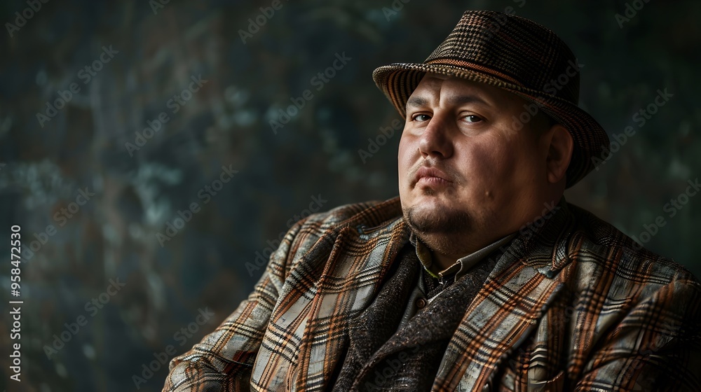 Confident Overweight Man Posing for Professional Fashion Photoshoot in Plaid Coat and Hat Confident Overweight Man Posing for Professional Fashion Photoshoot in Plaid Coat and Hat