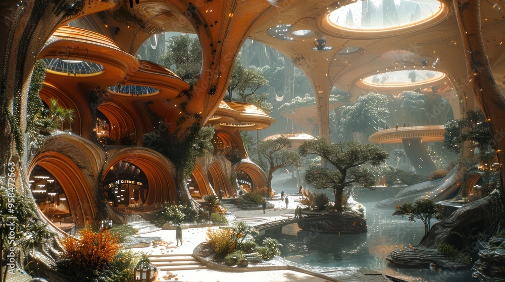 Fototapeta premium A futuristic cityscape with a lot of green plants and trees