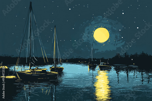 Silent Serenity: Boats at Rest Beneath a Full Moon and Starry Sky photo