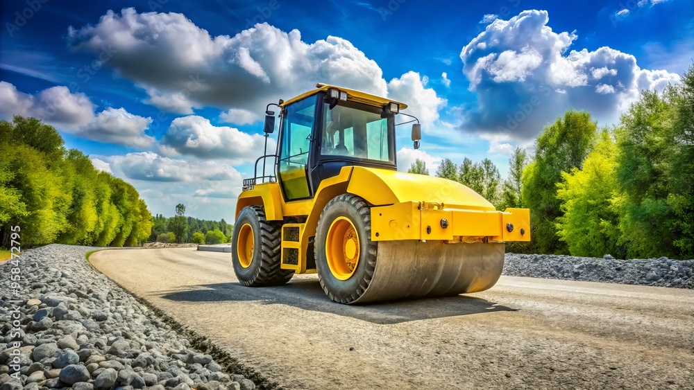 A massive yellow road construction roller machine has been parked on a gravel road, its tires marking the