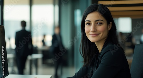 In an office with technological effects, a young woman plays on her laptop in a bright and focused manner, embodying the spirit of productive online endeavors. Stock photo.