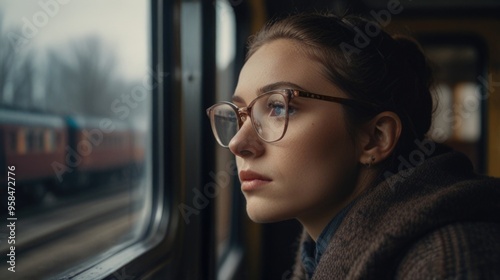 A young woman wearing a glasses is looking out of a window of a train