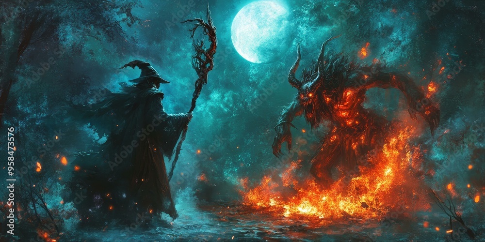 Fototapeta premium A wizard faces a fiery demon in a moonlit forest.