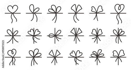 Simple bow doodle set. Line bows on ribbon. Bow on string set decoration. Bowknot for package, letter. Illustration