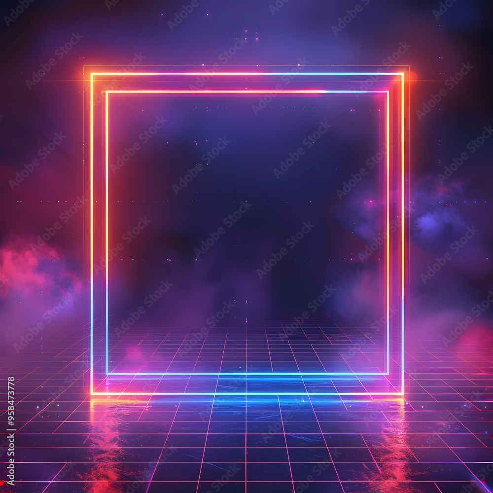 Obraz premium Neon Framed Futuristic Tech Landscape with Glowing Grid Pattern on Dark Background