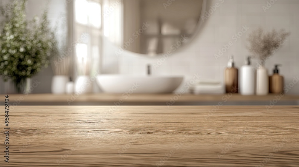 Elegant wooden countertop in a modern bathroom setting with soft natural light, creating a serene and inviting atmosphere. Elegant wooden countertop in a modern bathroom setting with soft natural light, creating a serene and inviting atmosphere.