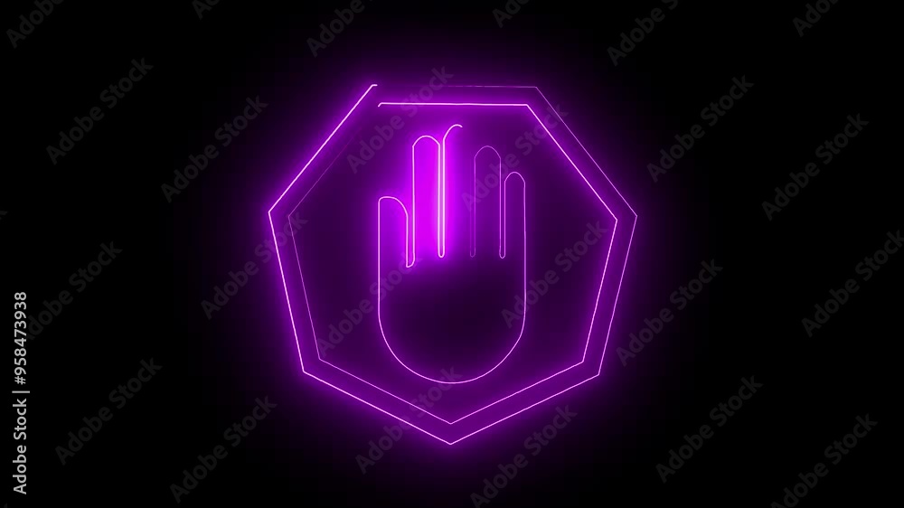 Neon Purple color light glowing warning attention animation icon, alarm alert, careful animated sing symbol on black background. Stop icon concept with hands
