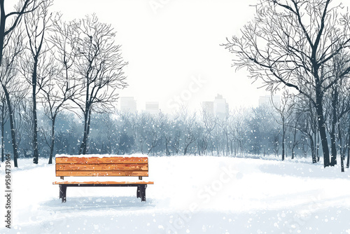 A solitary bench, blanketed in snow, awaits amidst a silent winter wonderland. The city skyline peeks through the bare trees, hinting at life beyond the frosty calm.