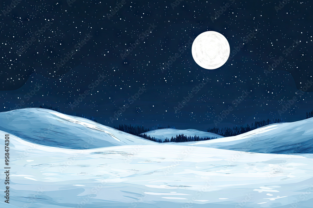 A blanket of stars and a luminous moon bathe a snowy landscape in ethereal light, painting a serene winter night. A blanket of stars and a luminous moon bathe a snowy landscape in ethereal light, painting a serene winter night.