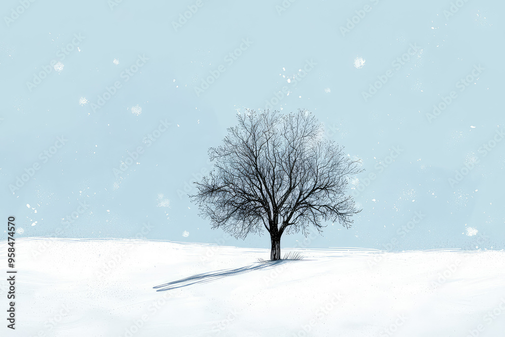 A Single Tree Stands Tall, Its Branches Reaching Out Against a Softly Falling Snow, A Serene Winter Landscape. A Single Tree Stands Tall, Its Branches Reaching Out Against a Softly Falling Snow, A Serene Winter Landscape.