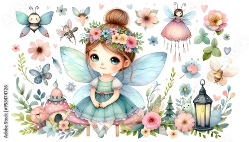 Cute fairy watercolor clipart.