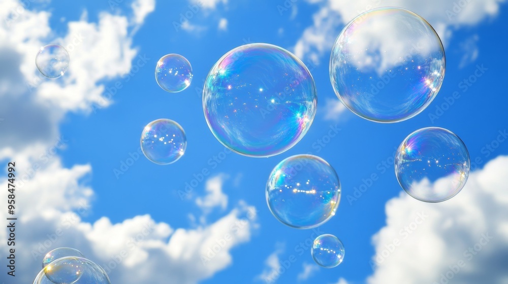Transparent soap bubbles float gracefully in a clear blue sky with fluffy white clouds Transparent soap bubbles float gracefully in a clear blue sky with fluffy white clouds