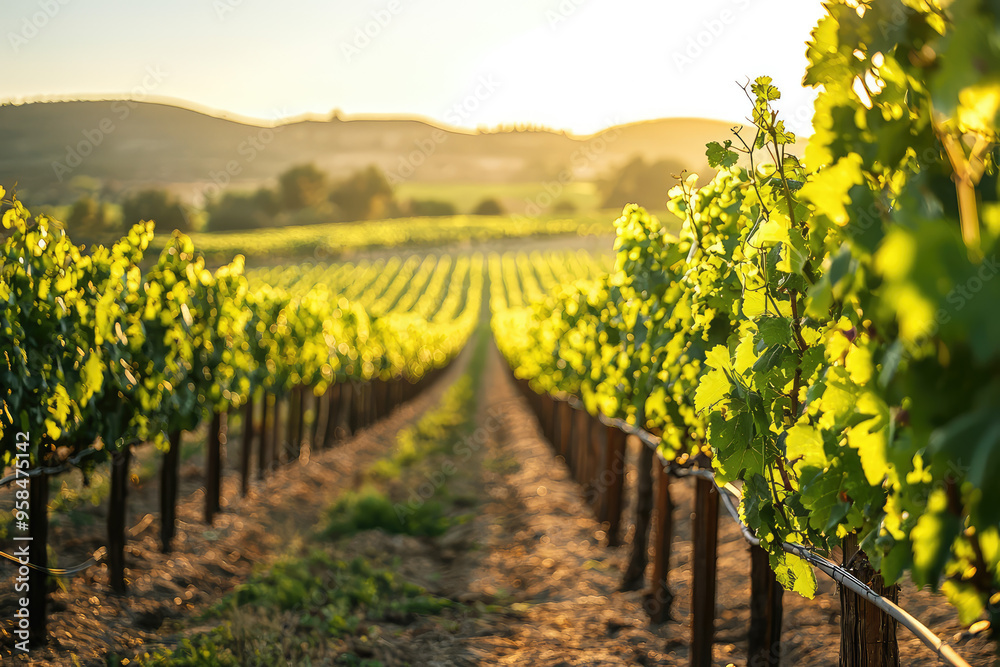 Golden Hour in the Vineyard: Rows of grapevines bathed in warm sunlight, a picturesque scene of rural beauty. Golden Hour in the Vineyard: Rows of grapevines bathed in warm sunlight, a picturesque scene of rural beauty.