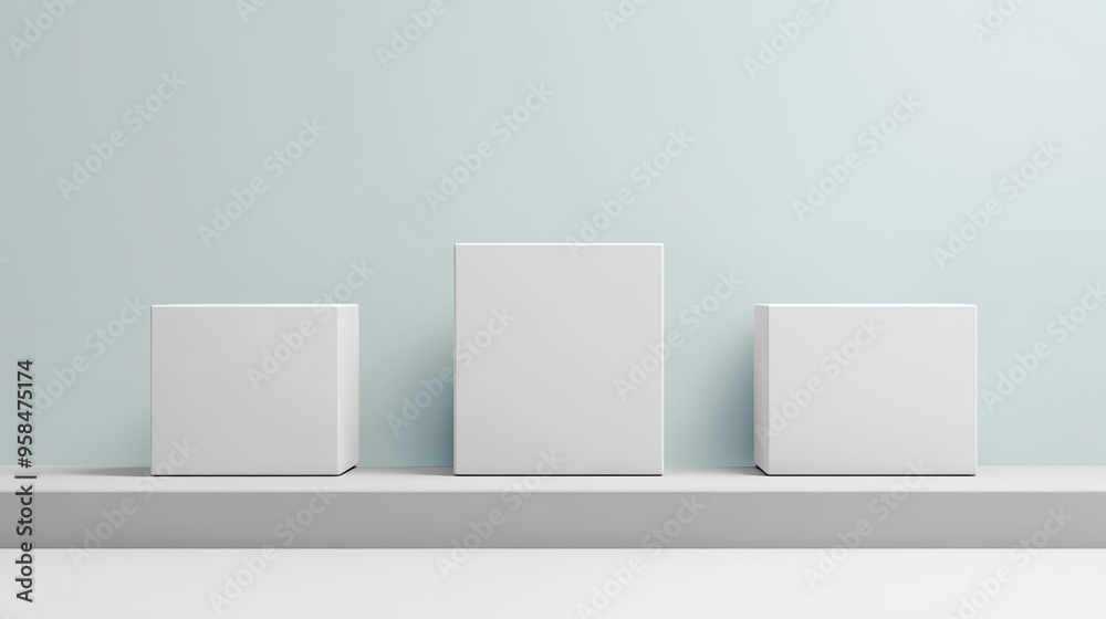 Three White Boxes on a Platform with a Light Blue Background Three White Boxes on a Platform with a Light Blue Background