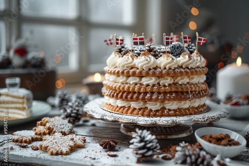 Norway: Kransekake A tall, ring-shaped cake made of stacked almond cookie rings, decorated with white icing and small Norwegian flags photo