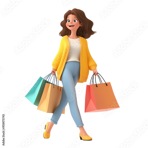 illustration 3D icon clay render of a girl with a shopping bag ready to go shopping photo