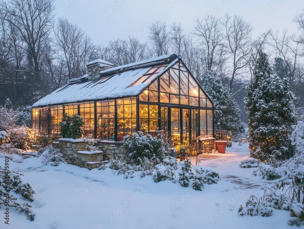 Enchanting winter wonderland garden featuring a cozy, illuminated greenhouse amidst a snowy landscape with twinkling lights and serene atmosphere perfect for holiday season inspiration and relaxation. Enchanting winter wonderland garden featuring a cozy, illuminated greenhouse amidst a snowy landscape with twinkling lights and serene atmosphere perfect for holiday season inspiration and relaxation.