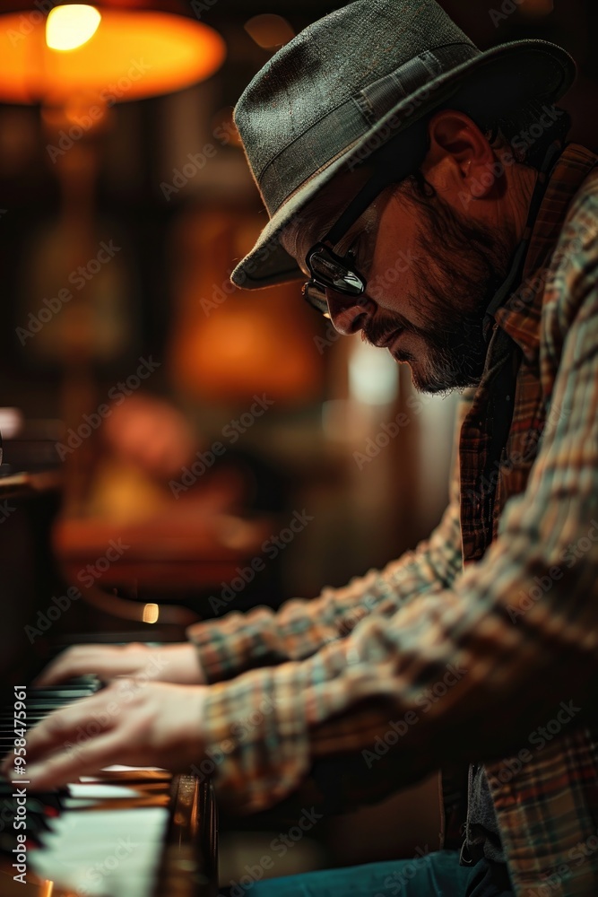 Man Playing Piano in Dimly Lit Jazz Club with Vintage Ambiance Man Playing Piano in Dimly Lit Jazz Club with Vintage Ambiance