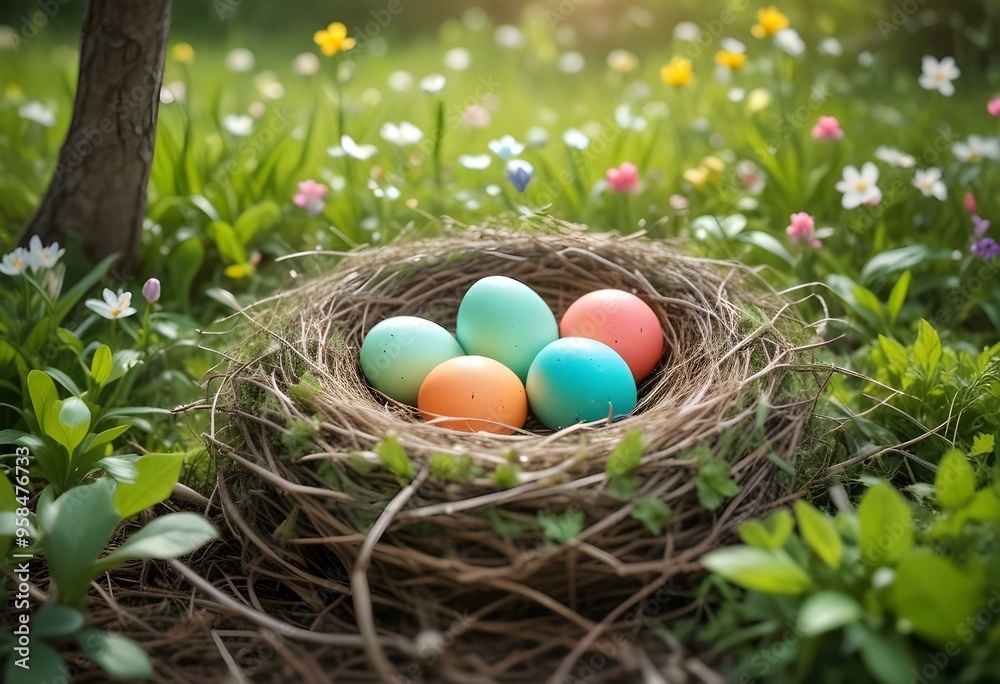 A green meadow with colorful Easter eggs in a nest, surrounded by lush foliage and a bright, blurred background A green meadow with colorful Easter eggs in a nest, surrounded by lush foliage and a bright, blurred background