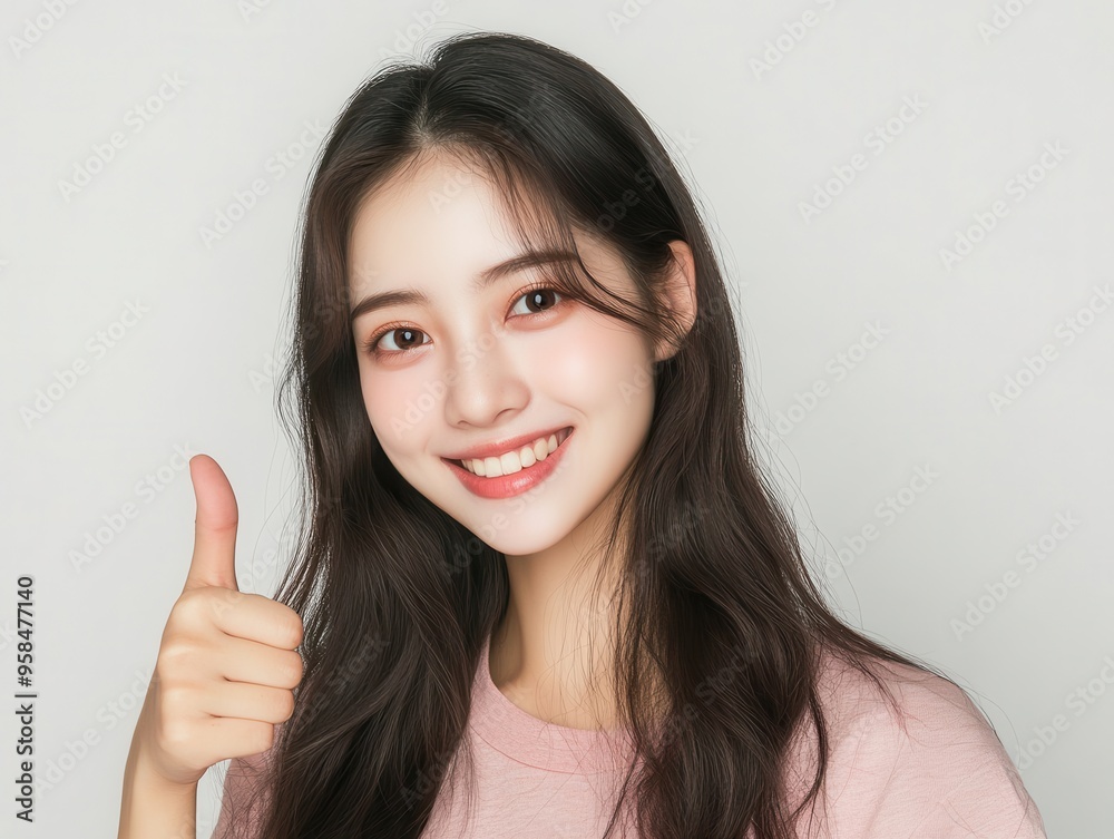 A cheerful young woman with long hair giving a thumbs up, showcasing positivity and confidence against a neutral background. A cheerful young woman with long hair giving a thumbs up, showcasing positivity and confidence against a neutral background.