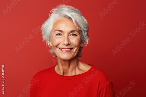 Red background Happy european white Woman grandmother realistic person portrait of young beautiful Smiling Woman Isolated on Background 