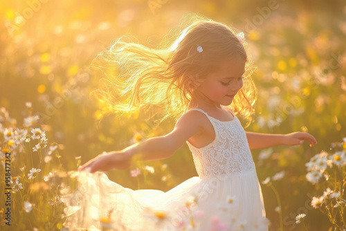 Fototapeta Naklejka Na Ścianę i Meble -  Little girl in a white dress twirling joyfully in a sunlit meadow filled with wildflowers during a golden sunset