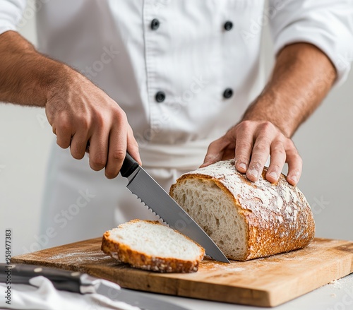 A chef's hands skillfully slice fresh bread on a wooden board, highlighting culinary artistry and fresh ingredients. photo