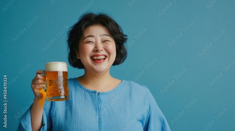 A joyful woman holding a beer mug, celebrating happiness against a vibrant blue background. Perfect for themes of friendship and joy. A joyful woman holding a beer mug, celebrating happiness against a vibrant blue background. Perfect for themes of friendship and joy.