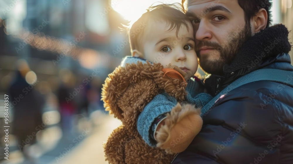 Father carrying child with soft toy Father carrying child with soft toy