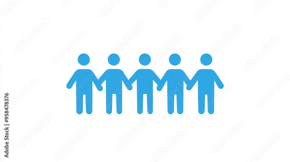 Five blue figures are holding hands, representing solidarity and teamwork in a simple, minimalist style Five blue figures are holding hands, representing solidarity and teamwork in a simple, minimalist style
