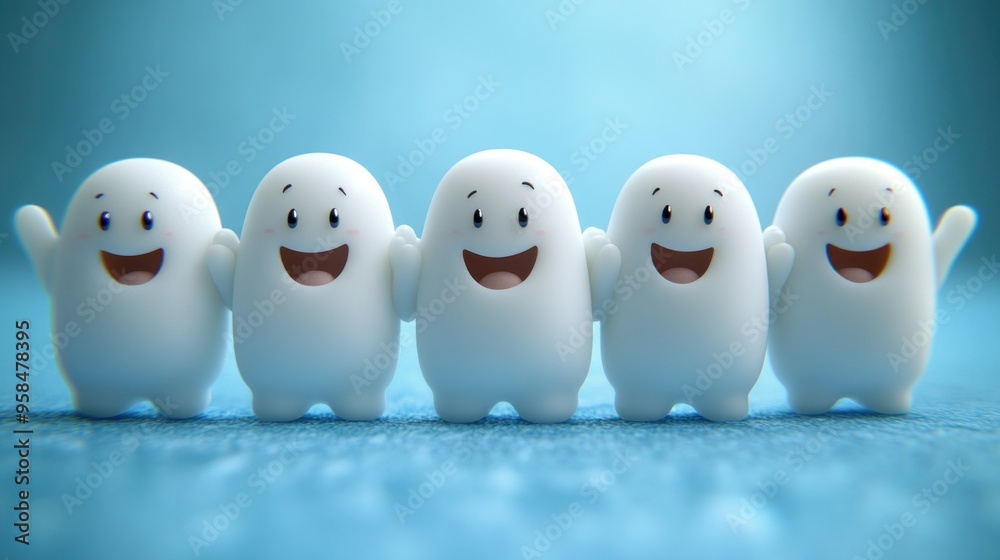 Five friendly cartoon figures with smiles are lined up, creating a joyful atmosphere against a blue backdrop Five friendly cartoon figures with smiles are lined up, creating a joyful atmosphere against a blue backdrop