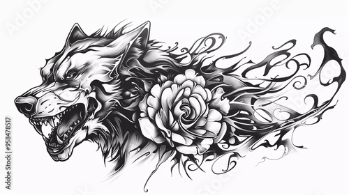 wolf tribal tattoo design combine with rose illustration in black and white photo