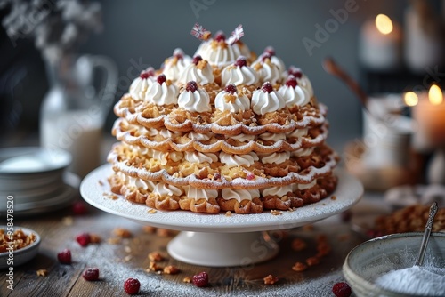 Norway: Kransekake A tall, ring-shaped cake made of stacked almond cookie rings, decorated with white icing and small Norwegian flags photo